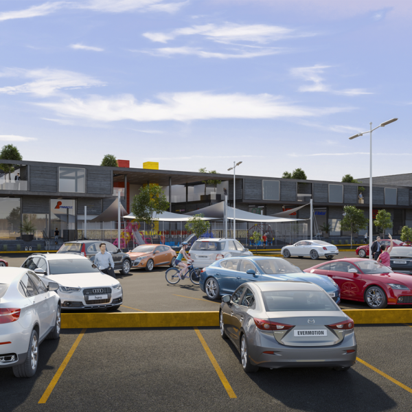 Arquitectura de Plaza comercial con locales comerciales y estructura de Acero